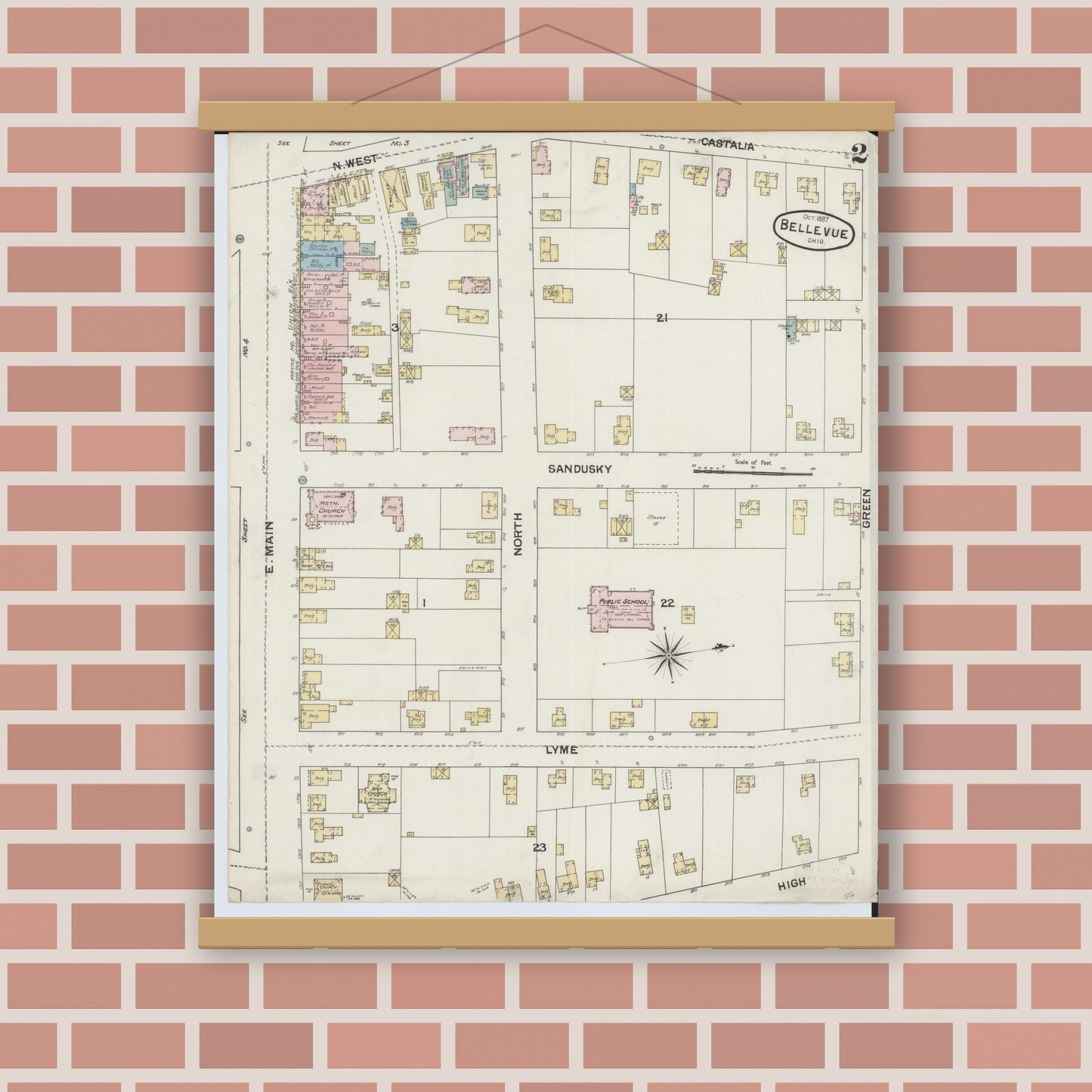 Old map wall art mockup — magnetic wood frame on brick wall — Sanborn Fire Insurance Map from Bellevue, Huron And Sandusky County, Ohio (1887), Sheet #0002