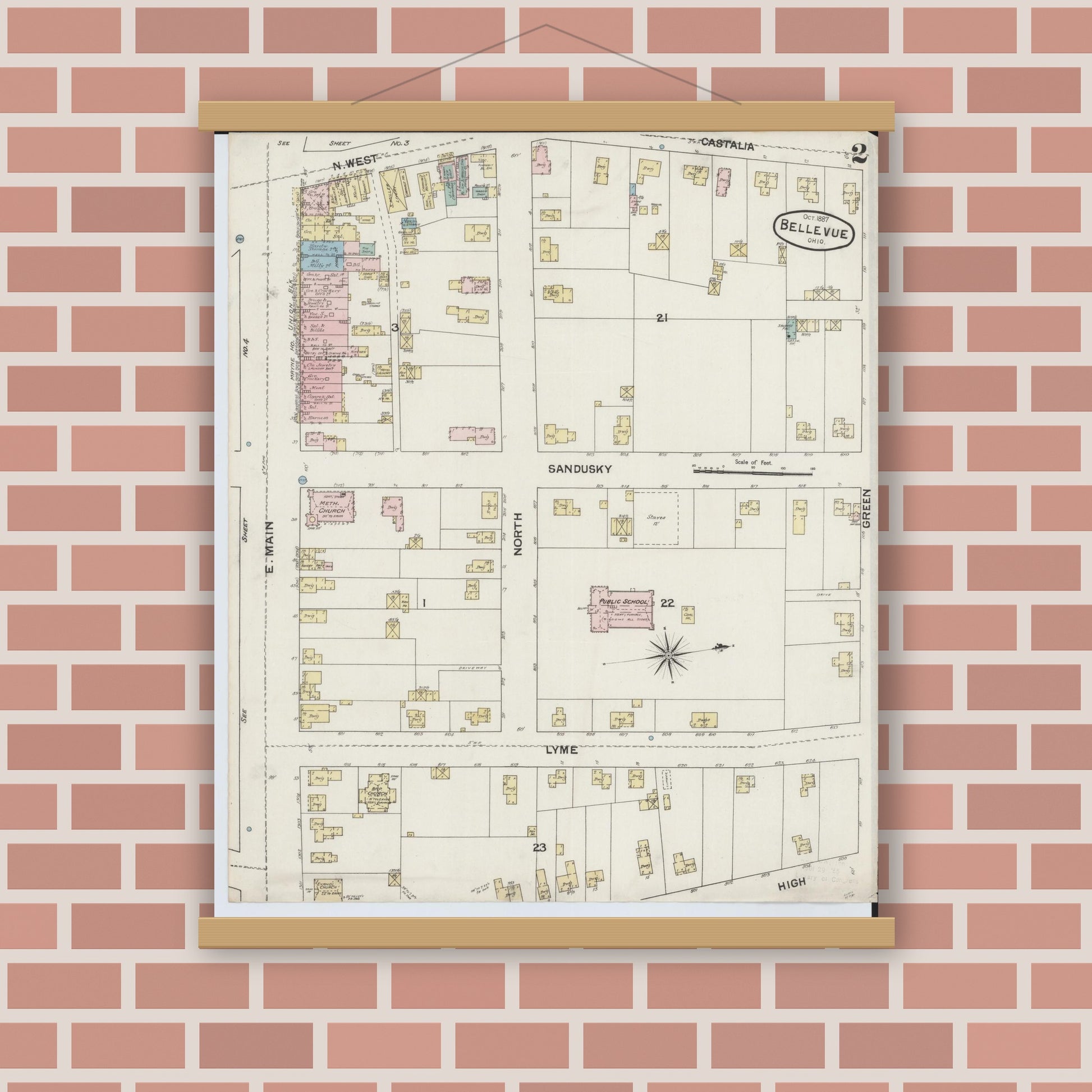 Old map wall art mockup — magnetic wood frame on brick wall — Sanborn Fire Insurance Map from Bellevue, Huron And Sandusky County, Ohio (1887), Sheet #0002