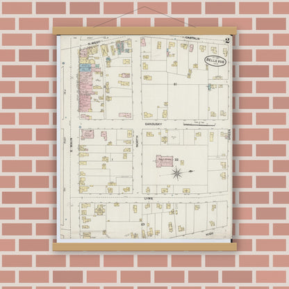 Old map wall art mockup — magnetic wood frame on brick wall — Sanborn Fire Insurance Map from Bellevue, Huron And Sandusky County, Ohio (1887), Sheet #0002