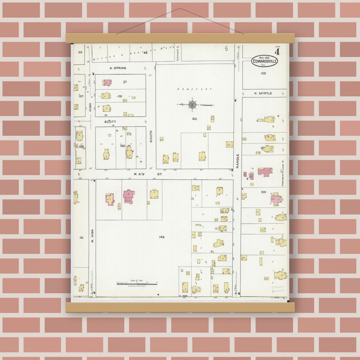 Old map wall art mockup — magnetic wood frame on brick wall — Sanborn Fire Insurance Map from Edwardsville, Madison County, Illinois (1921), Sheet #0004