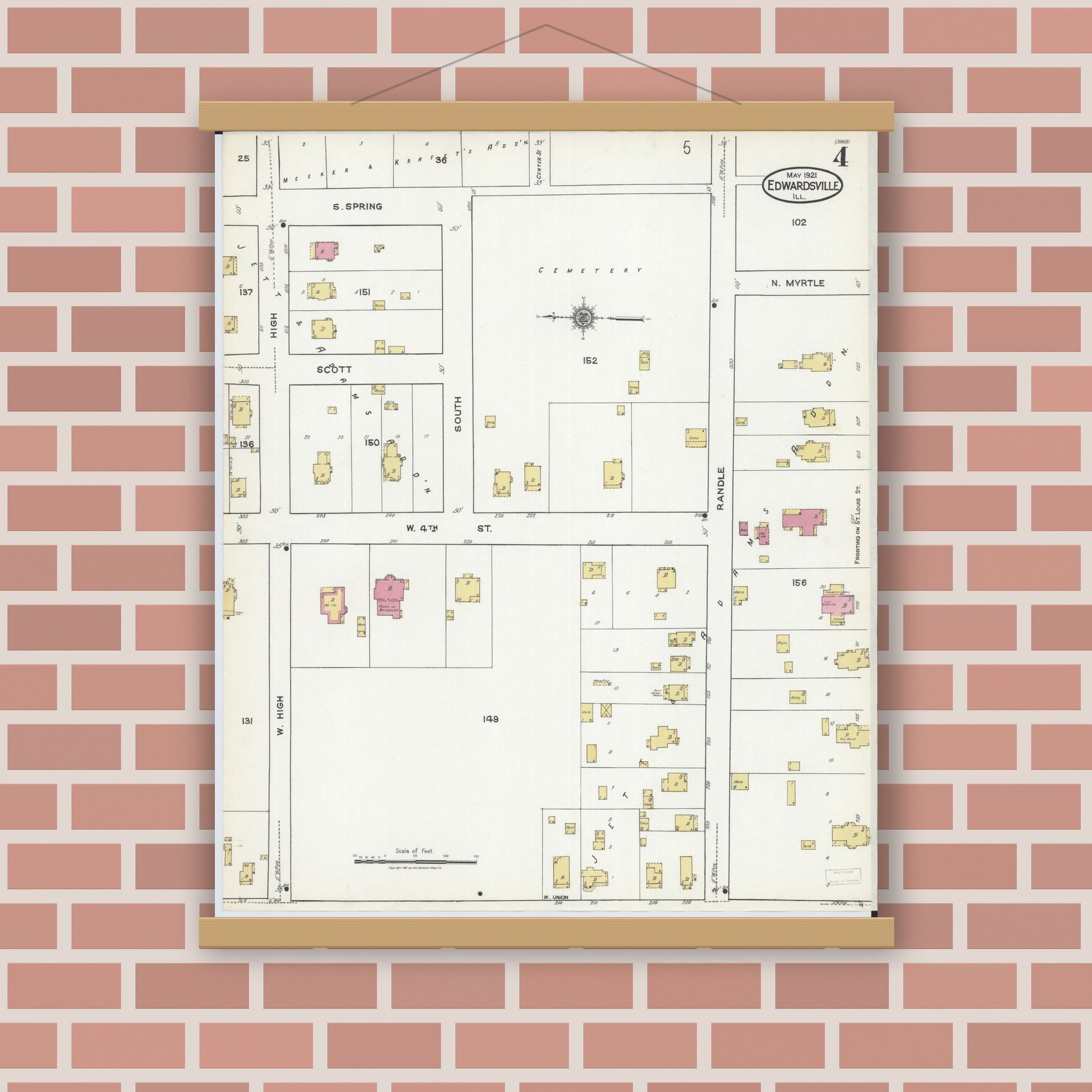 Old map wall art mockup — magnetic wood frame on brick wall — Sanborn Fire Insurance Map from Edwardsville, Madison County, Illinois (1921), Sheet #0004