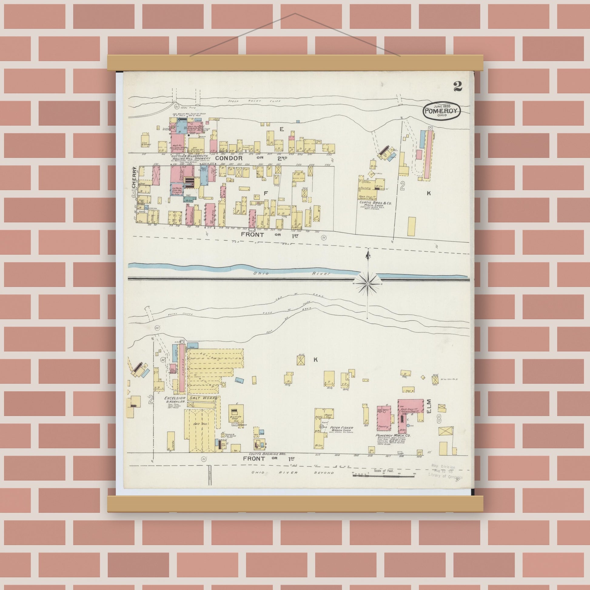 Old map wall art mockup — magnetic wood frame on brick wall — Sanborn Fire Insurance Map from Pomeroy, Meigs County, Ohio (1893), Sheet #0002