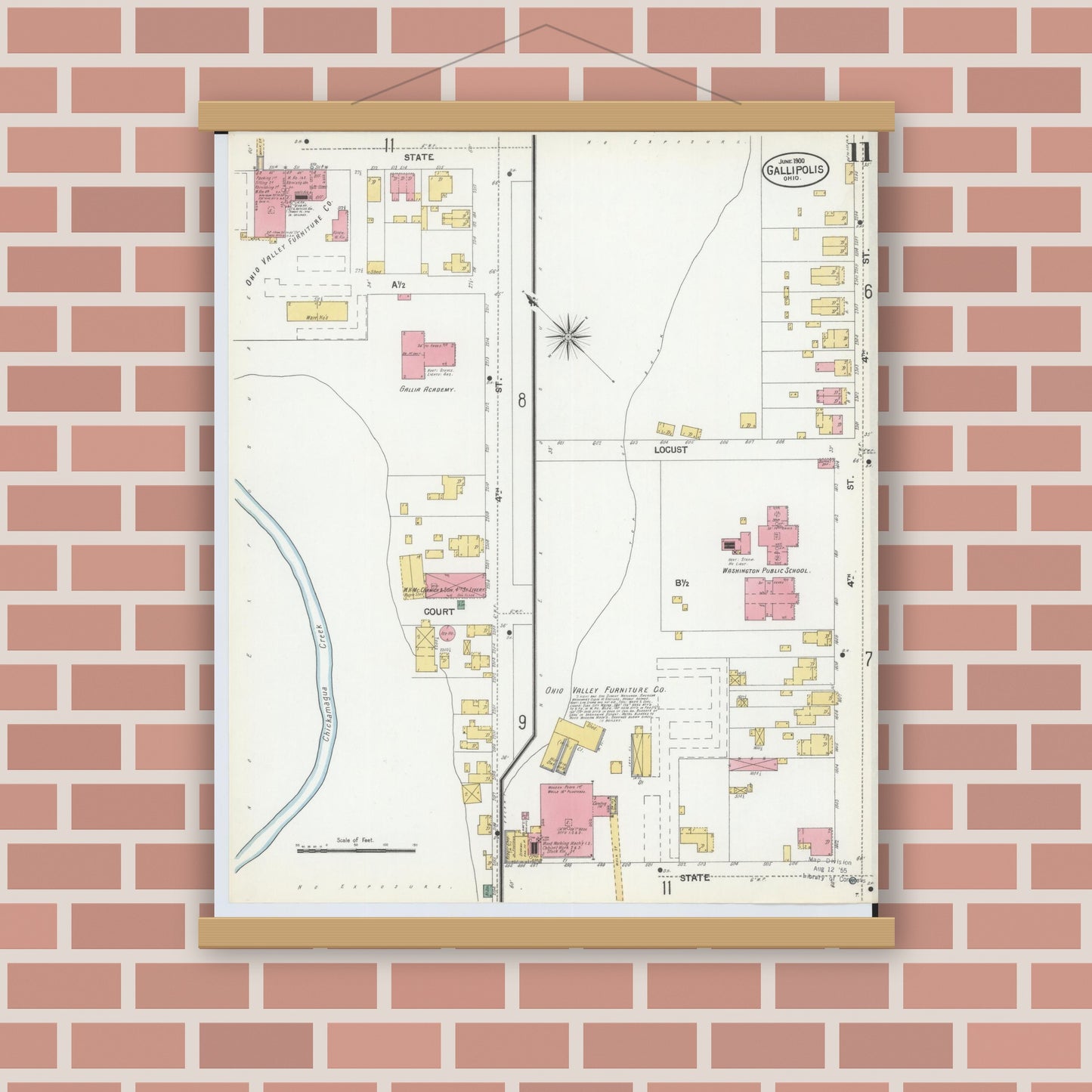 Old map wall art mockup — magnetic wood frame on brick wall — Sanborn Fire Insurance Map from Gallipolis, Gallia County, Ohio (1900), Sheet #0011