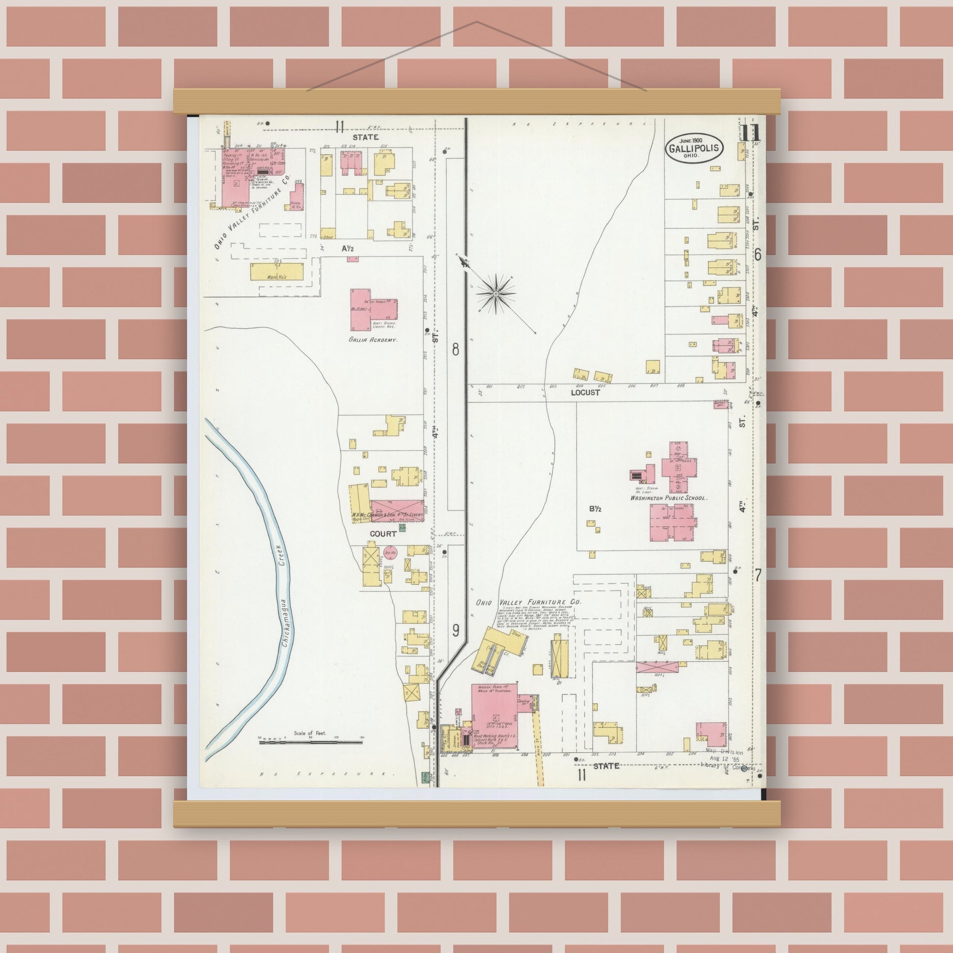 Old map wall art mockup — magnetic wood frame on brick wall — Sanborn Fire Insurance Map from Gallipolis, Gallia County, Ohio (1900), Sheet #0011