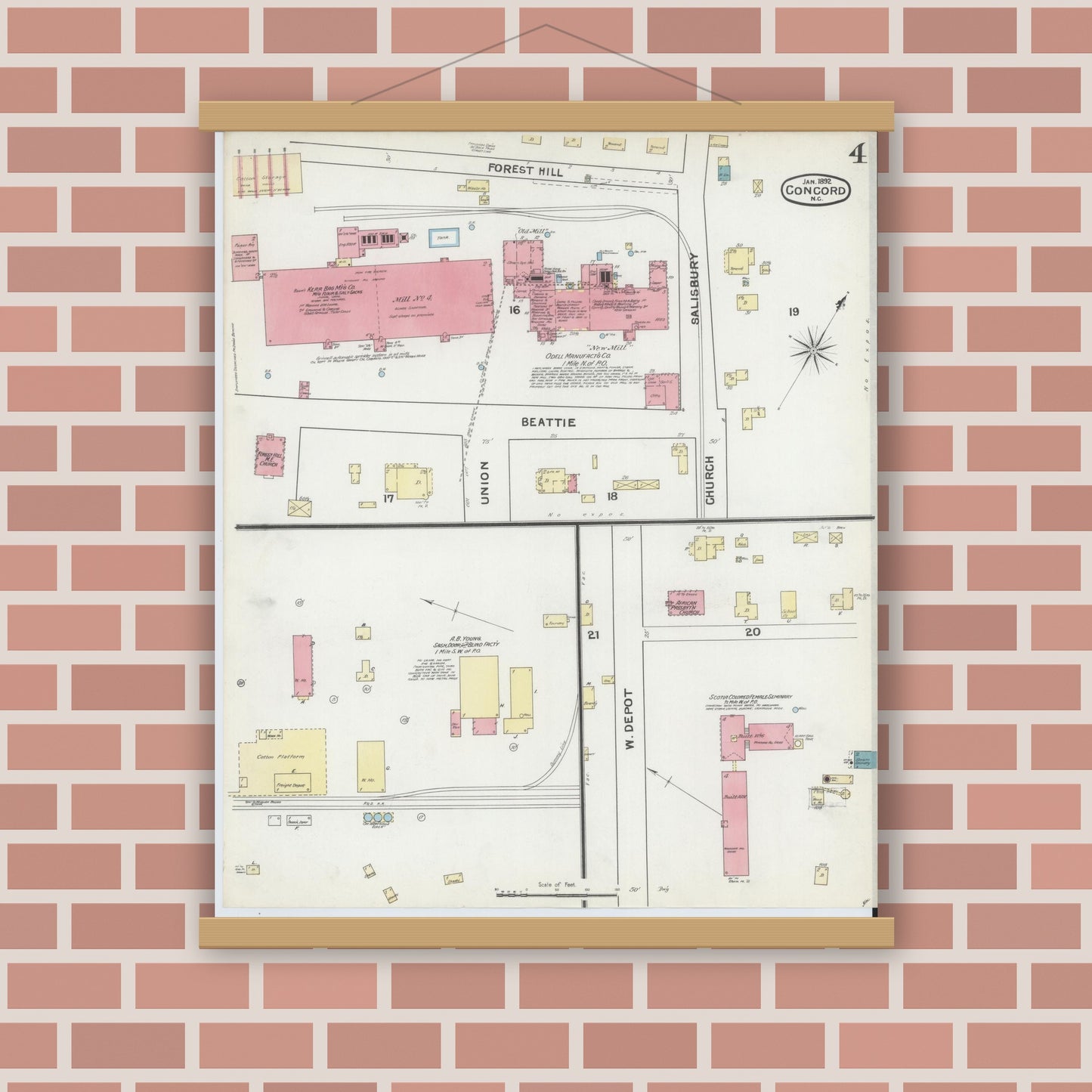 Old map wall art mockup — magnetic wood frame on brick wall — Sanborn Fire Insurance Map from Concord, Cabarrus County, North Carolina (1892), Sheet #0004