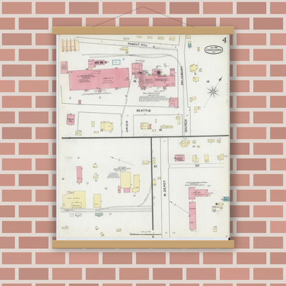 Old map wall art mockup — magnetic wood frame on brick wall — Sanborn Fire Insurance Map from Concord, Cabarrus County, North Carolina (1892), Sheet #0004