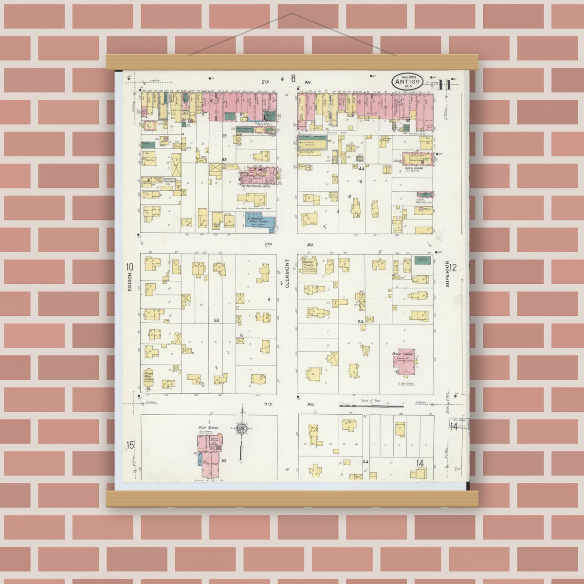 Old map wall art mockup — magnetic wood frame on brick wall — Sanborn Fire Insurance Map from Antigo, Langlade County, Wisconsin (1909), Sheet #0011