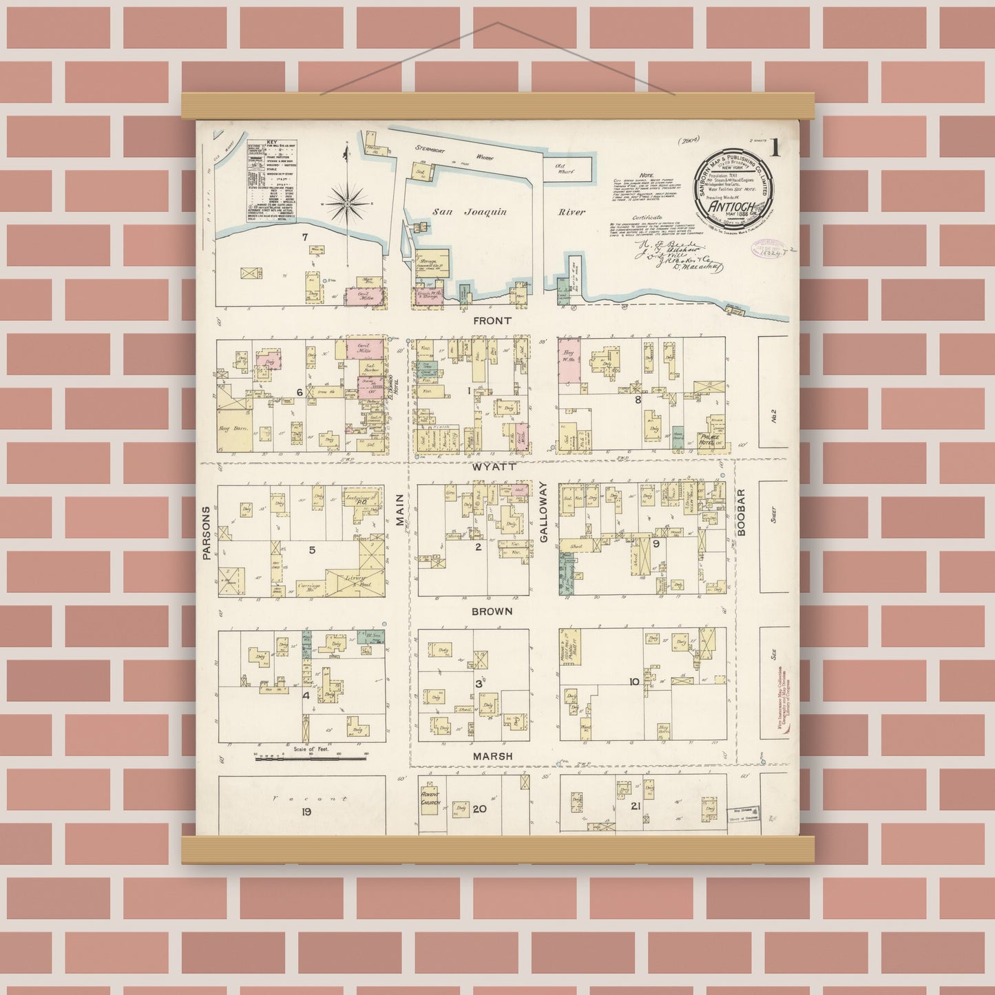 Old map wall art mockup — magnetic wood frame on brick wall — Sanborn Fire Insurance Map from Antioch, Contra Costa County, California (1888), Sheet #0001