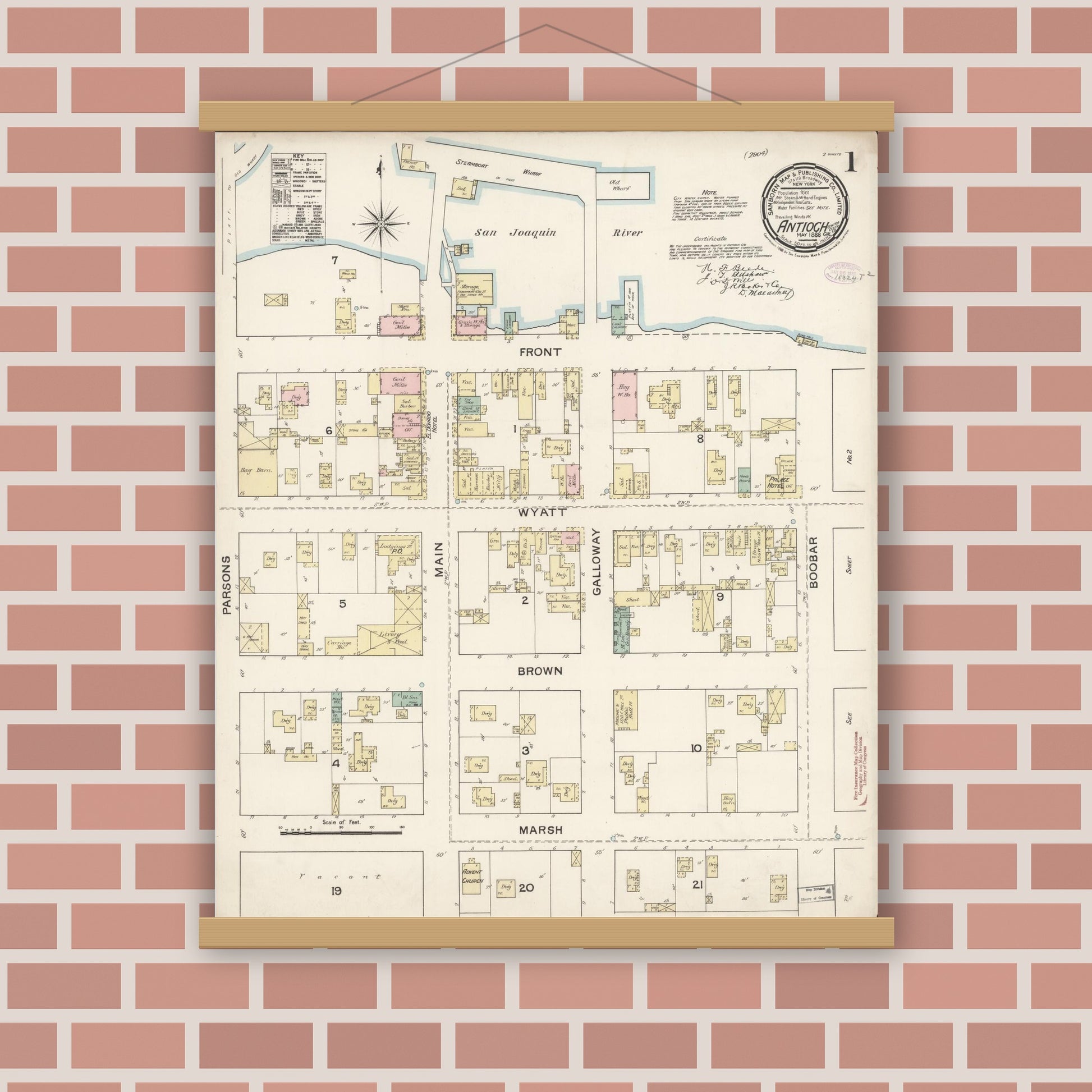 Old map wall art mockup — magnetic wood frame on brick wall — Sanborn Fire Insurance Map from Antioch, Contra Costa County, California (1888), Sheet #0001