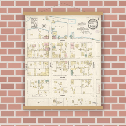 Old map wall art mockup — magnetic wood frame on brick wall — Sanborn Fire Insurance Map from Antioch, Contra Costa County, California (1888), Sheet #0001