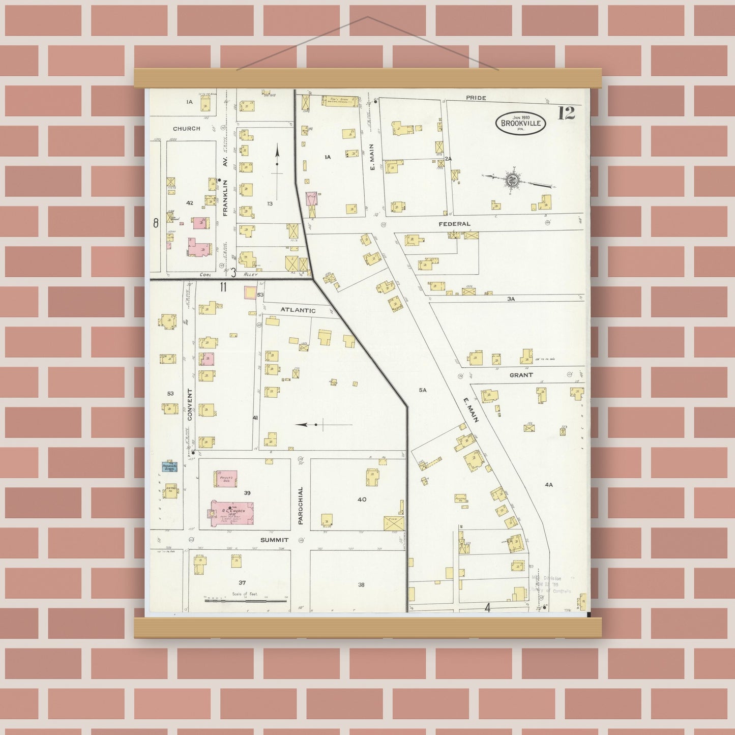 Old map wall art mockup — magnetic wood frame on brick wall — Sanborn Fire Insurance Map from Brookville, Jefferson County, Pennsylvania (1910), Sheet #0012