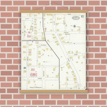 Old map wall art mockup — magnetic wood frame on brick wall — Sanborn Fire Insurance Map from Brookville, Jefferson County, Pennsylvania (1910), Sheet #0012