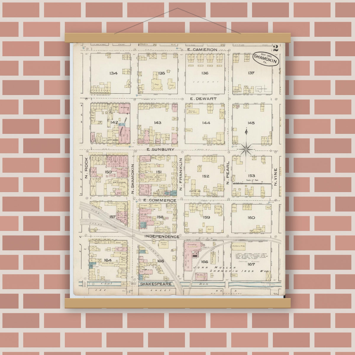 Old map wall art mockup — magnetic wood frame on brick wall — Sanborn Fire Insurance Map from Shamokin, Northumberland County, Pennsylvania (1885), Sheet #0002