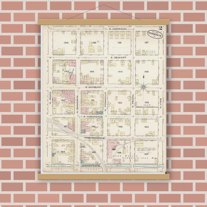 Old map wall art mockup — magnetic wood frame on brick wall — Sanborn Fire Insurance Map from Shamokin, Northumberland County, Pennsylvania (1885), Sheet #0002