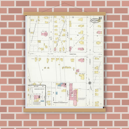 Old map wall art mockup — magnetic wood frame on brick wall — Sanborn Fire Insurance Map from Mount Clemens, Macomb County, Michigan (1909), Sheet #0012