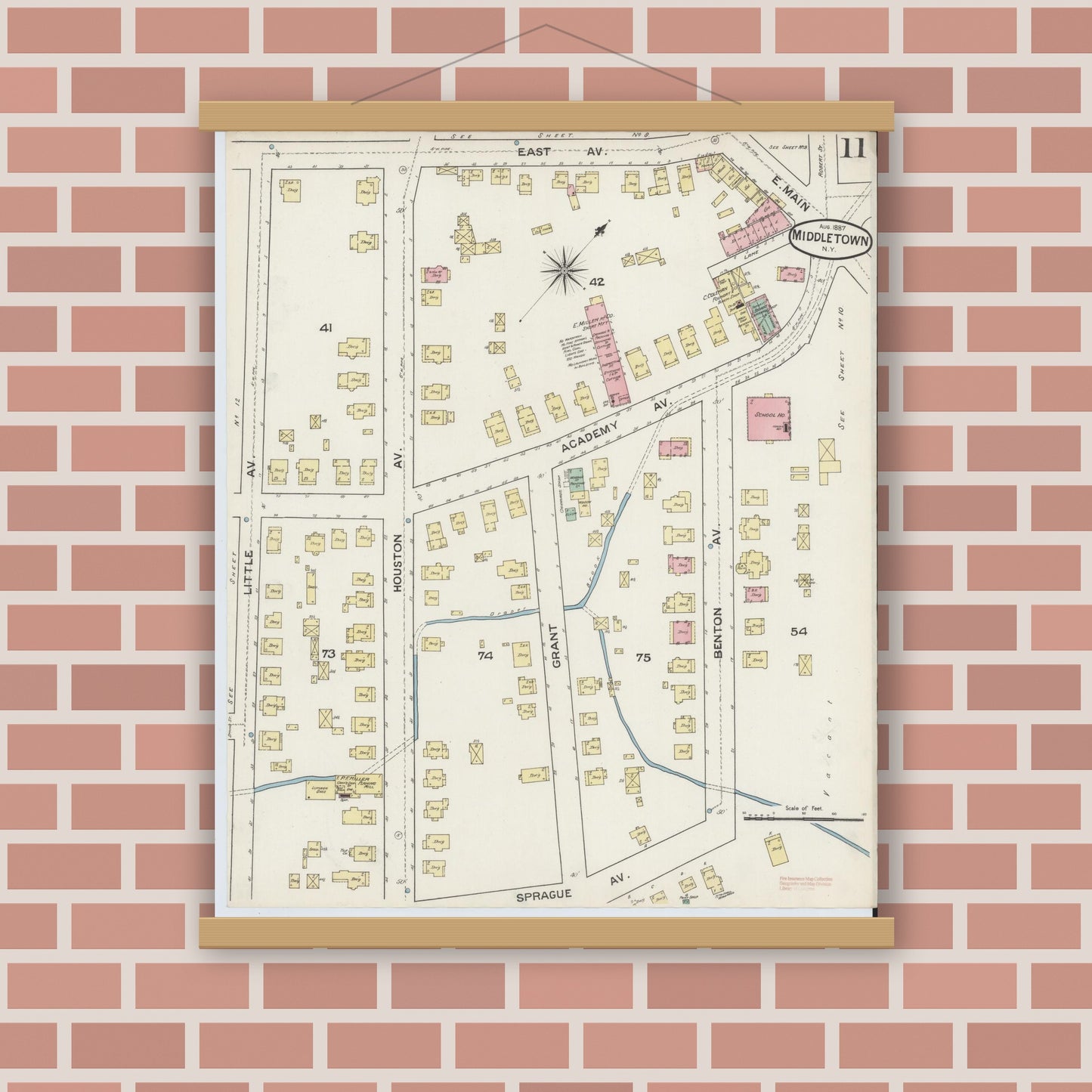 Old map wall art mockup — magnetic wood frame on brick wall — Sanborn Fire Insurance Map from Middletown, Orange County, New York (1887), Sheet #0010