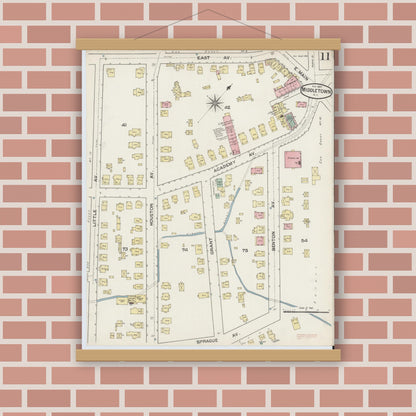 Old map wall art mockup — magnetic wood frame on brick wall — Sanborn Fire Insurance Map from Middletown, Orange County, New York (1887), Sheet #0010