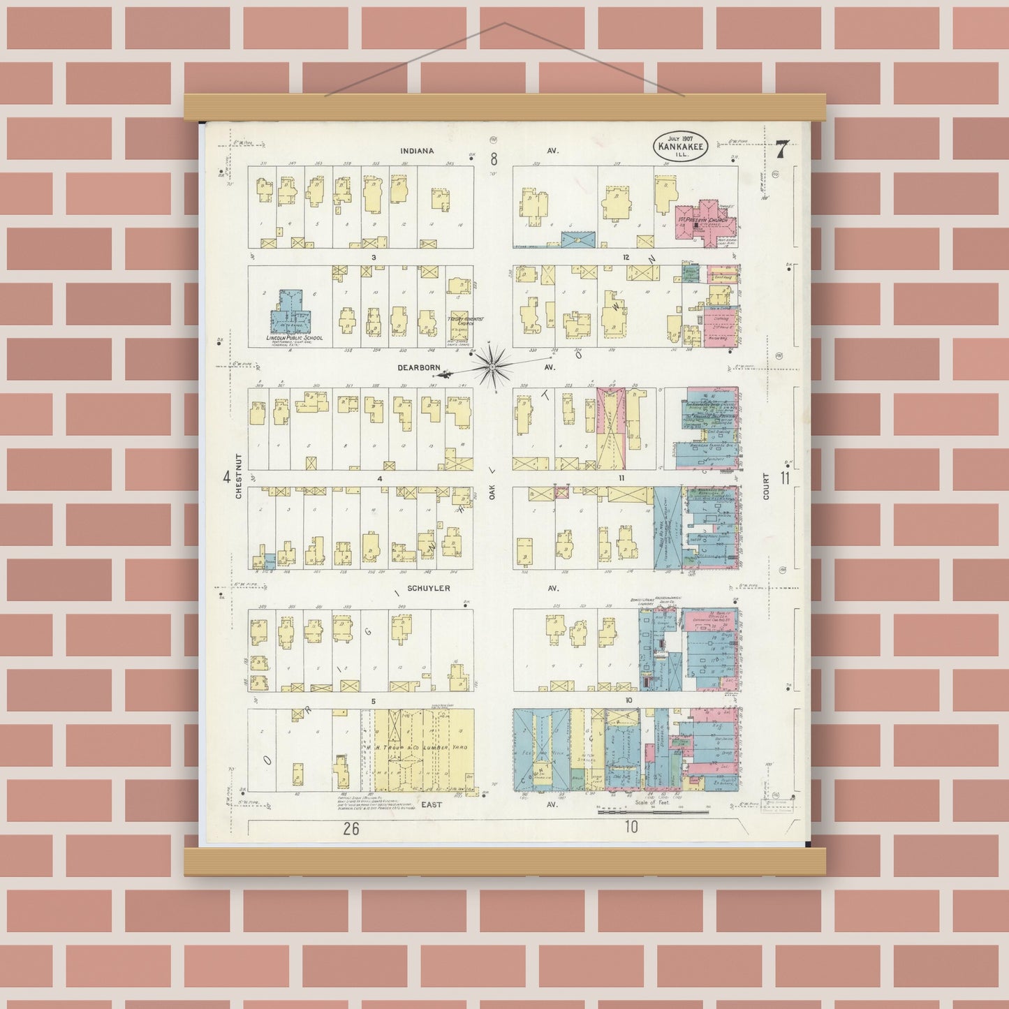 Old map wall art mockup — magnetic wood frame on brick wall — Sanborn Fire Insurance Map from Kankakee, Kankakee County, Illinois (1907), Sheet #0007