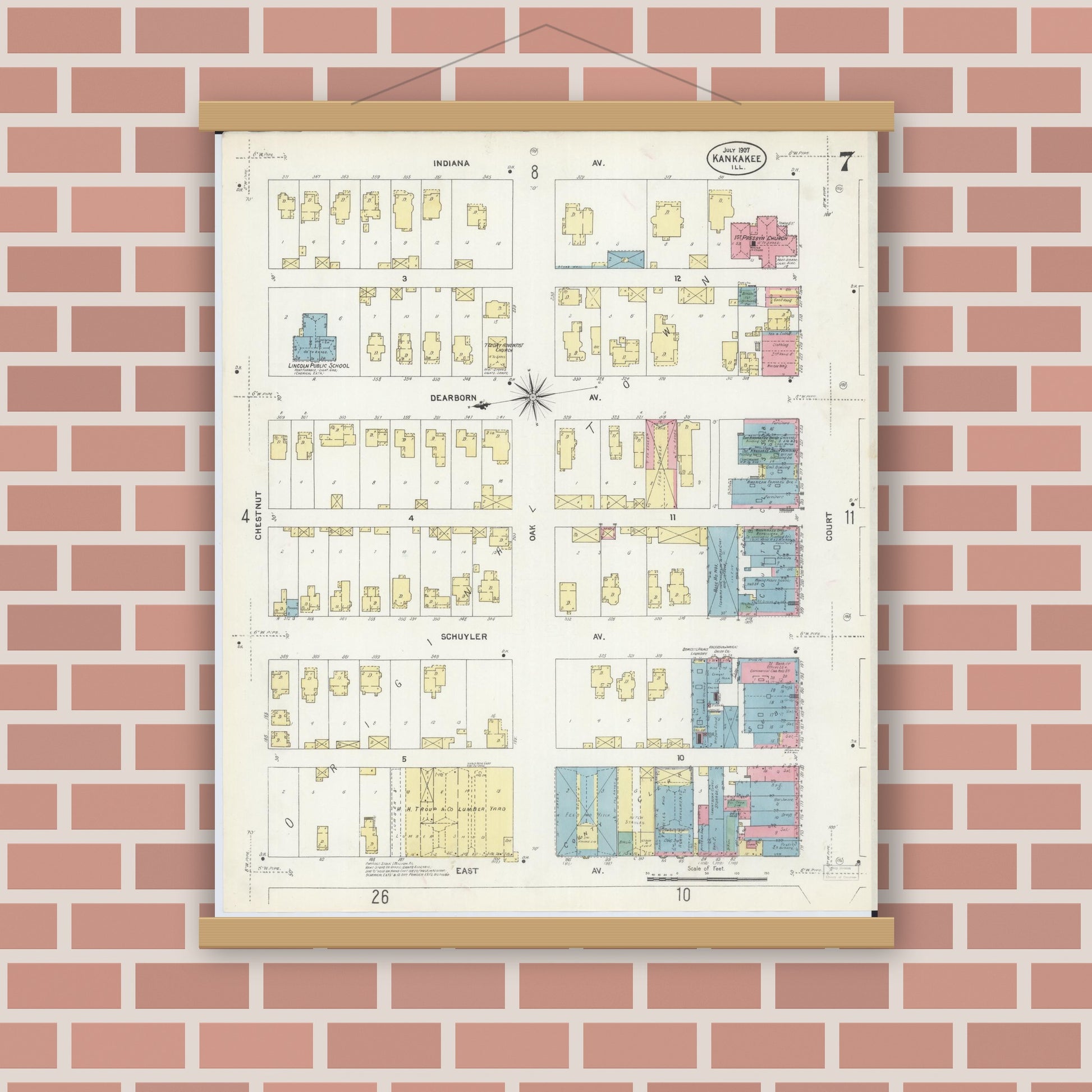 Old map wall art mockup — magnetic wood frame on brick wall — Sanborn Fire Insurance Map from Kankakee, Kankakee County, Illinois (1907), Sheet #0007