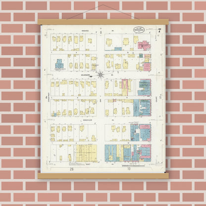 Old map wall art mockup — magnetic wood frame on brick wall — Sanborn Fire Insurance Map from Kankakee, Kankakee County, Illinois (1907), Sheet #0007