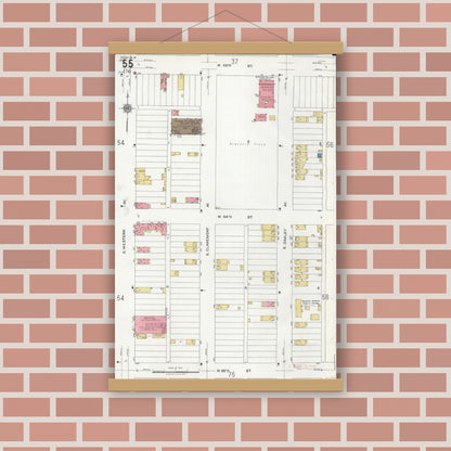 Old map wall art mockup — magnetic wood frame on brick wall — Sanborn Fire Insurance Map from Chicago, Cook County, Illinois (1920), Sheet #0055