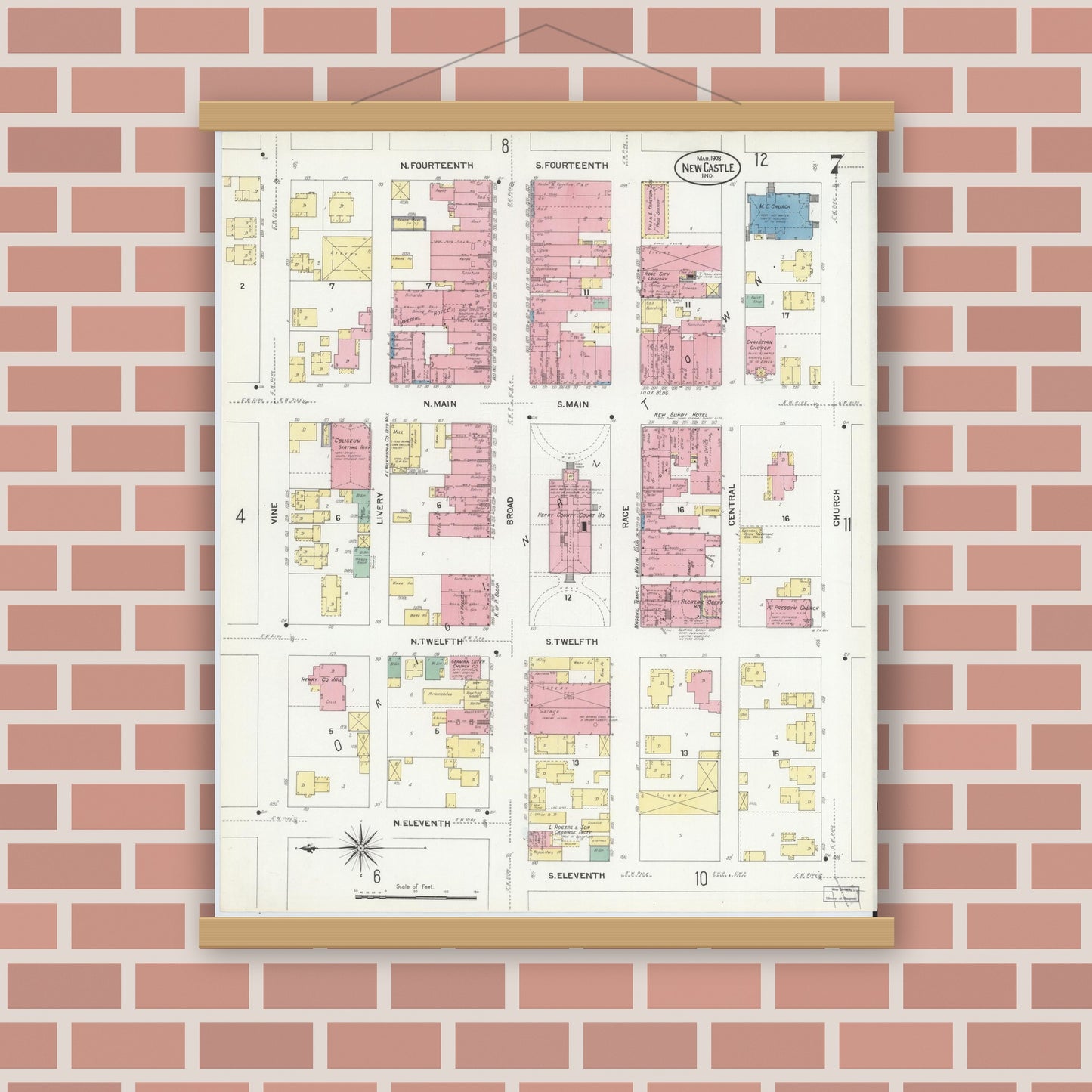 Old map wall art mockup — magnetic wood frame on brick wall — Sanborn Fire Insurance Map from New Castle, Henry County, Indiana (1908), Sheet #0007