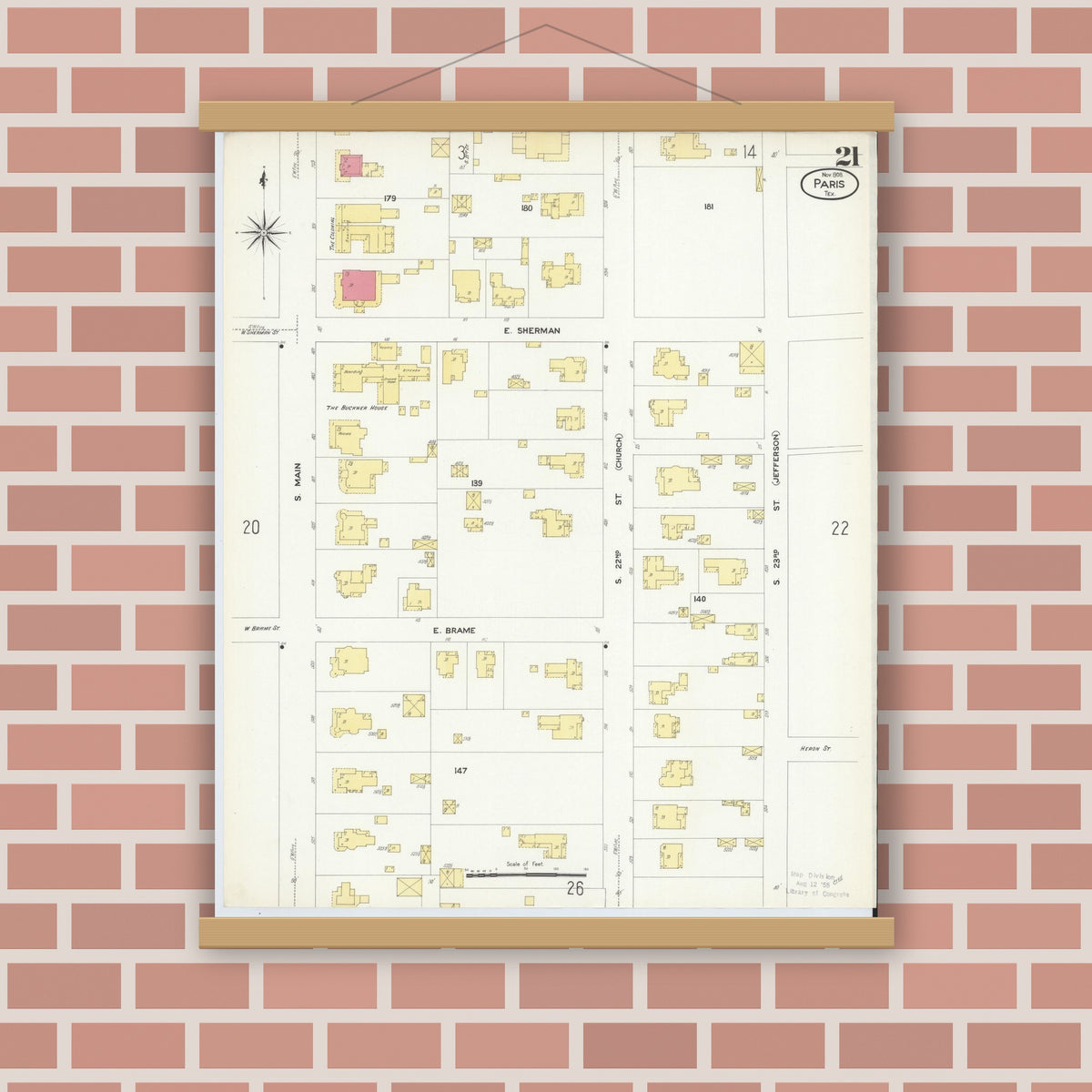 Old map wall art mockup — magnetic wood frame on brick wall — Sanborn Fire Insurance Map from Paris, Lamar County, Texas (1908), Sheet #0021