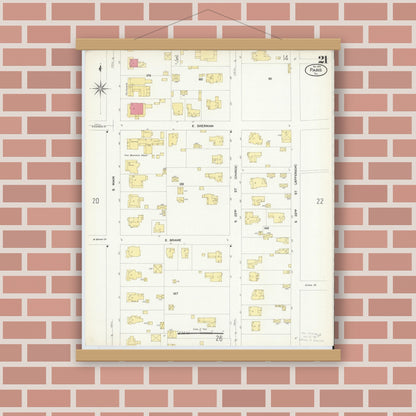 Old map wall art mockup — magnetic wood frame on brick wall — Sanborn Fire Insurance Map from Paris, Lamar County, Texas (1908), Sheet #0021