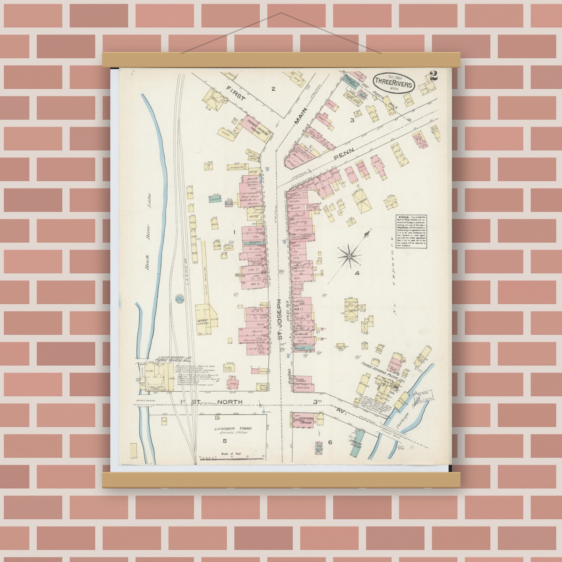 Old map wall art mockup — magnetic wood frame on brick wall — Sanborn Fire Insurance Map from Three Rivers, Saint Joseph County, Michigan (1884), Sheet #0002