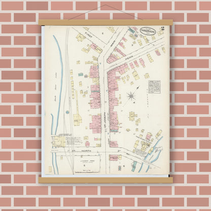 Old map wall art mockup — magnetic wood frame on brick wall — Sanborn Fire Insurance Map from Three Rivers, Saint Joseph County, Michigan (1884), Sheet #0002