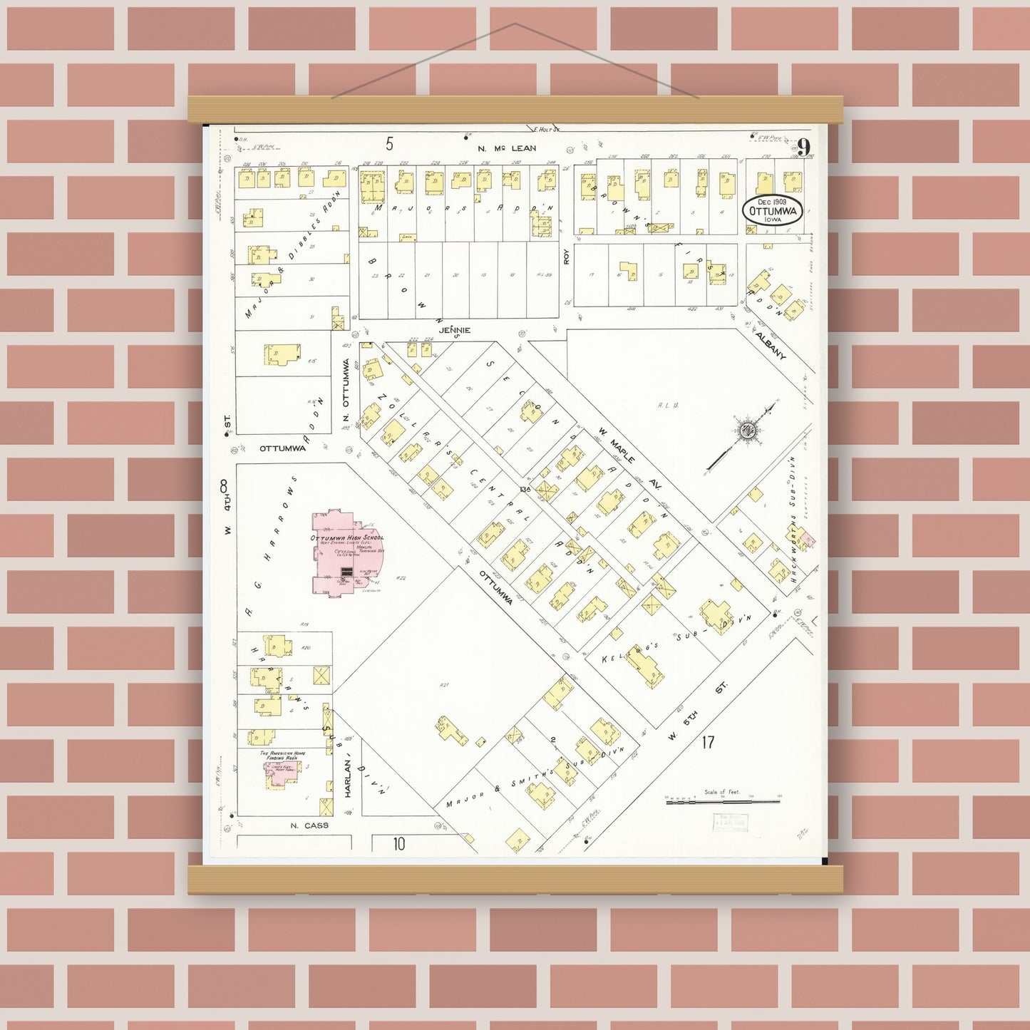 Old map wall art mockup — magnetic wood frame on brick wall — Sanborn Fire Insurance Map from Ottumwa, Wapello County, Iowa (1909), Sheet #0009