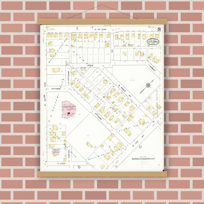 Old map wall art mockup — magnetic wood frame on brick wall — Sanborn Fire Insurance Map from Ottumwa, Wapello County, Iowa (1909), Sheet #0009