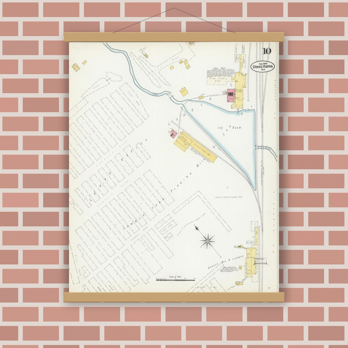 Old map wall art mockup — magnetic wood frame on brick wall — Sanborn Fire Insurance Map from Grand Rapids, Wood County, Wisconsin (1902), Sheet #0010