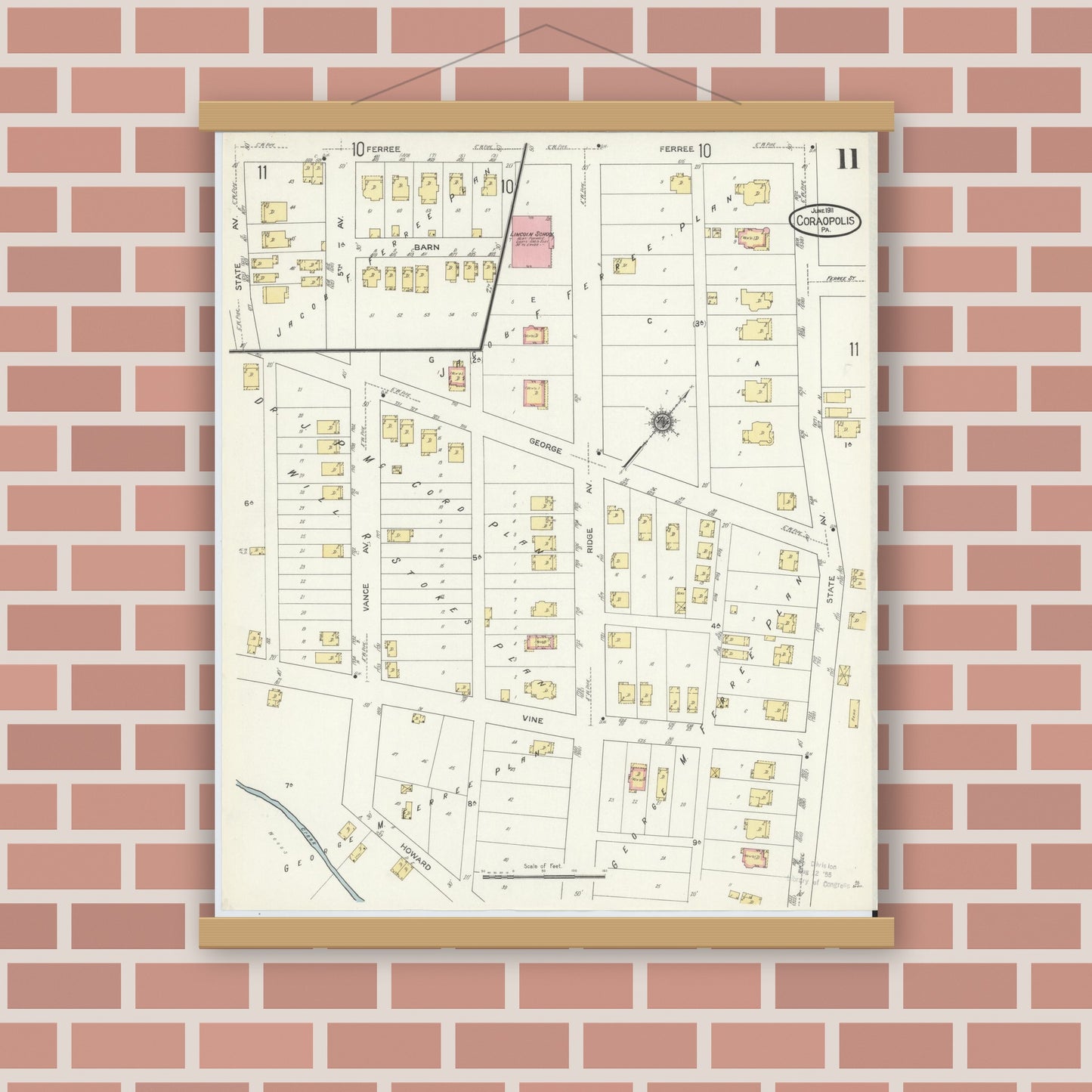Old map wall art mockup — magnetic wood frame on brick wall — Sanborn Fire Insurance Map from Coraopolis, Allegheny County, Pennsylvania (1911), Sheet #0011