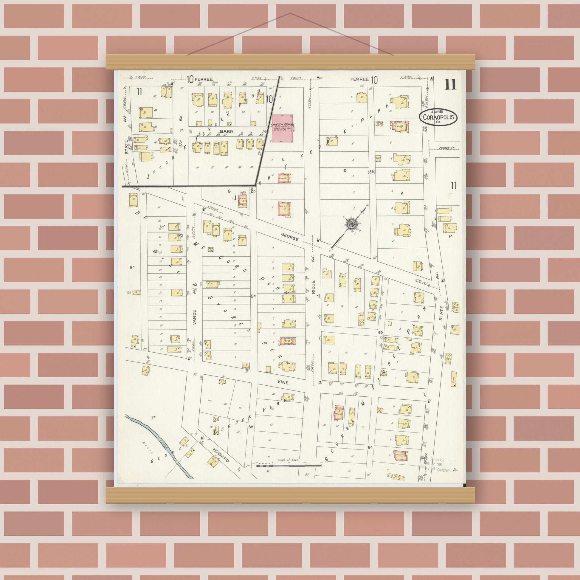 Old map wall art mockup — magnetic wood frame on brick wall — Sanborn Fire Insurance Map from Coraopolis, Allegheny County, Pennsylvania (1911), Sheet #0011