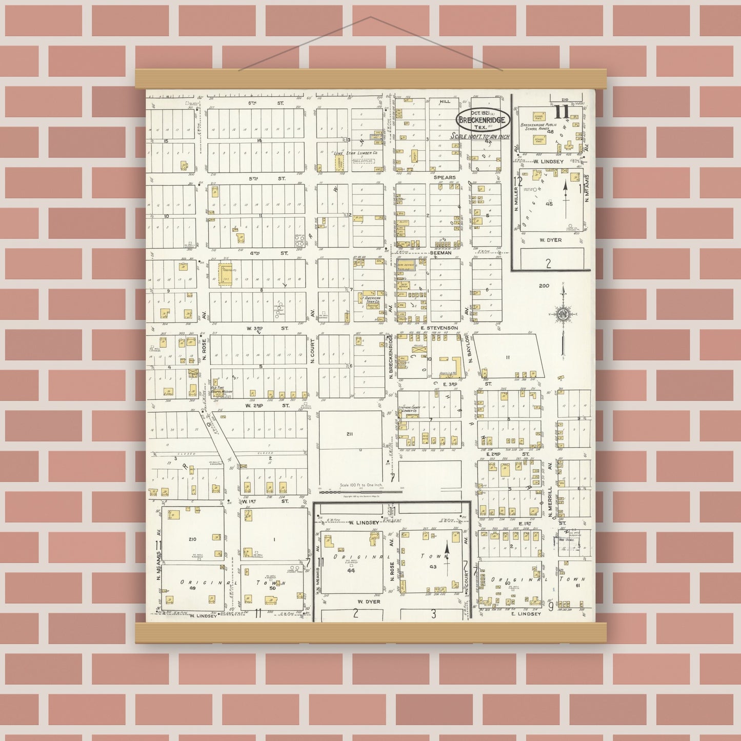 Old map wall art mockup — magnetic wood frame on brick wall — Sanborn Fire Insurance Map from Breckenridge, Stephens County, Texas (1921), Sheet #0011