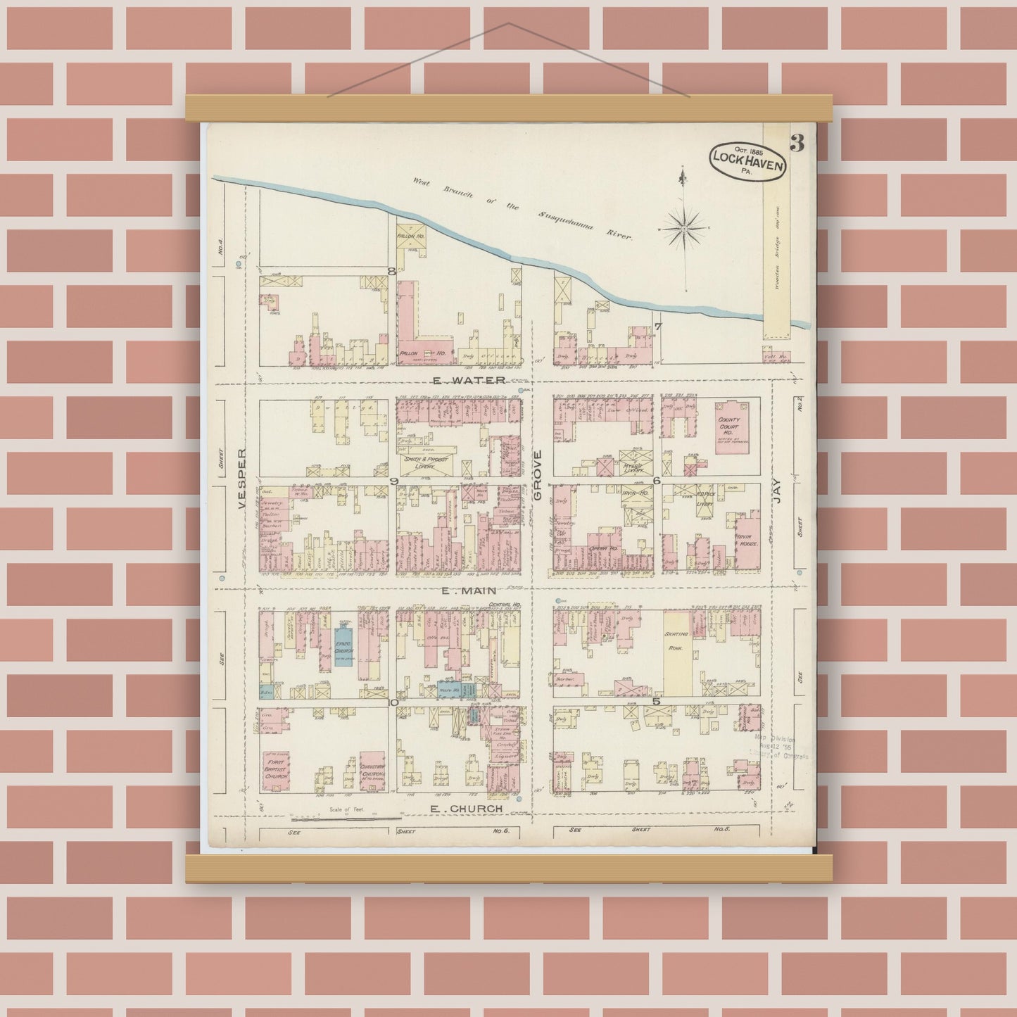 Old map wall art mockup — magnetic wood frame on brick wall — Sanborn Fire Insurance Map from Lock Haven, Clinton County, Pennsylvania (1885), Sheet #0003