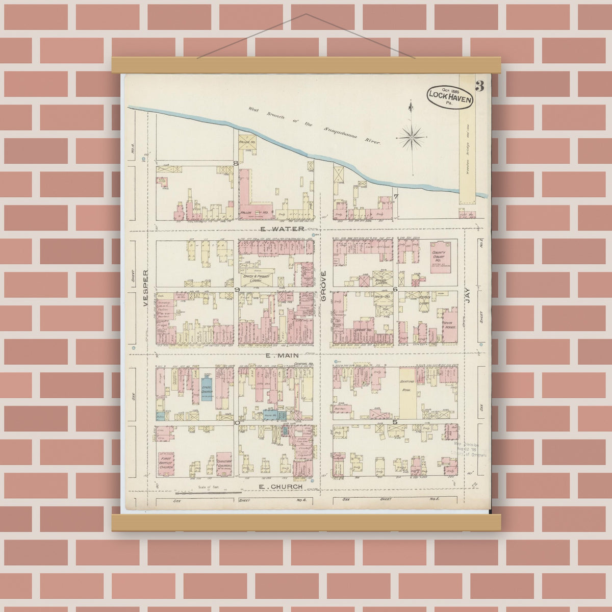 Old map wall art mockup — magnetic wood frame on brick wall — Sanborn Fire Insurance Map from Lock Haven, Clinton County, Pennsylvania (1885), Sheet #0003