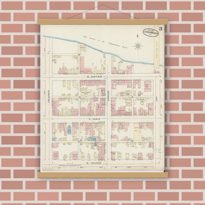 Old map wall art mockup — magnetic wood frame on brick wall — Sanborn Fire Insurance Map from Lock Haven, Clinton County, Pennsylvania (1885), Sheet #0003