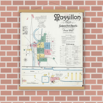 Old map wall art mockup — magnetic wood frame on brick wall — Sanborn Fire Insurance Map from Massillon, Stark County, Ohio (1892) - Complete Map Set