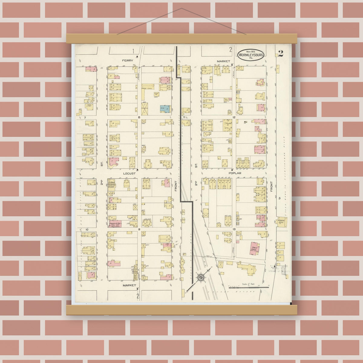 Old map wall art mockup — magnetic wood frame on brick wall — Sanborn Fire Insurance Map from Wormleysburg, Cumberland County, Pennsylvania (1913), Sheet #0002