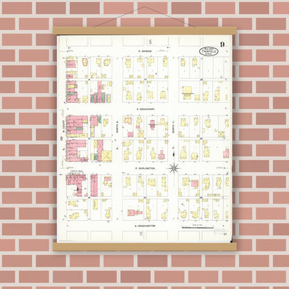 Old map wall art mockup — magnetic wood frame on brick wall — Sanborn Fire Insurance Map from Fairfield, Jefferson County, Iowa (1907), Sheet #0009