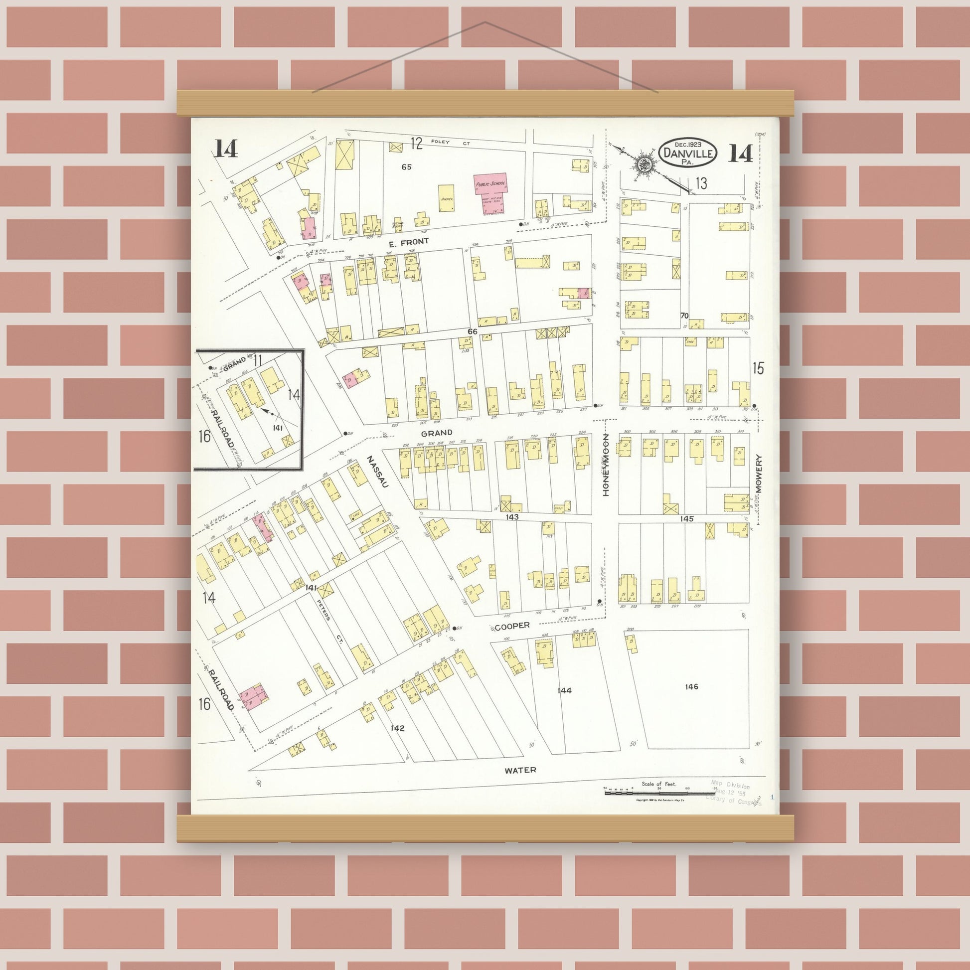 Old map wall art mockup — magnetic wood frame on brick wall — Sanborn Fire Insurance Map from Danville, Montour County, Pennsylvania (1923), Sheet #0014
