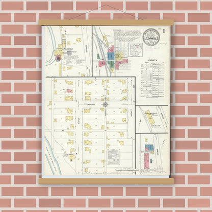 Old map wall art mockup — magnetic wood frame on brick wall — Sanborn Fire Insurance Map from Loudonville, Ashland County, Ohio (1913), Sheet #0001