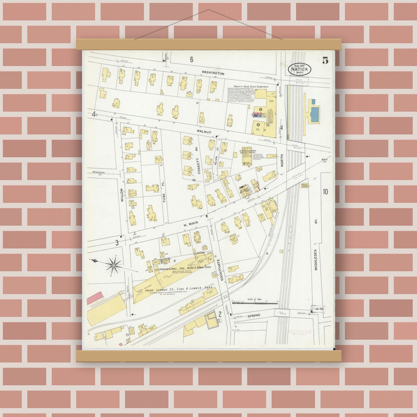 Old map wall art mockup — magnetic wood frame on brick wall — Sanborn Fire Insurance Map from Natick, Middlesex County, Massachusetts (1909), Sheet #0005