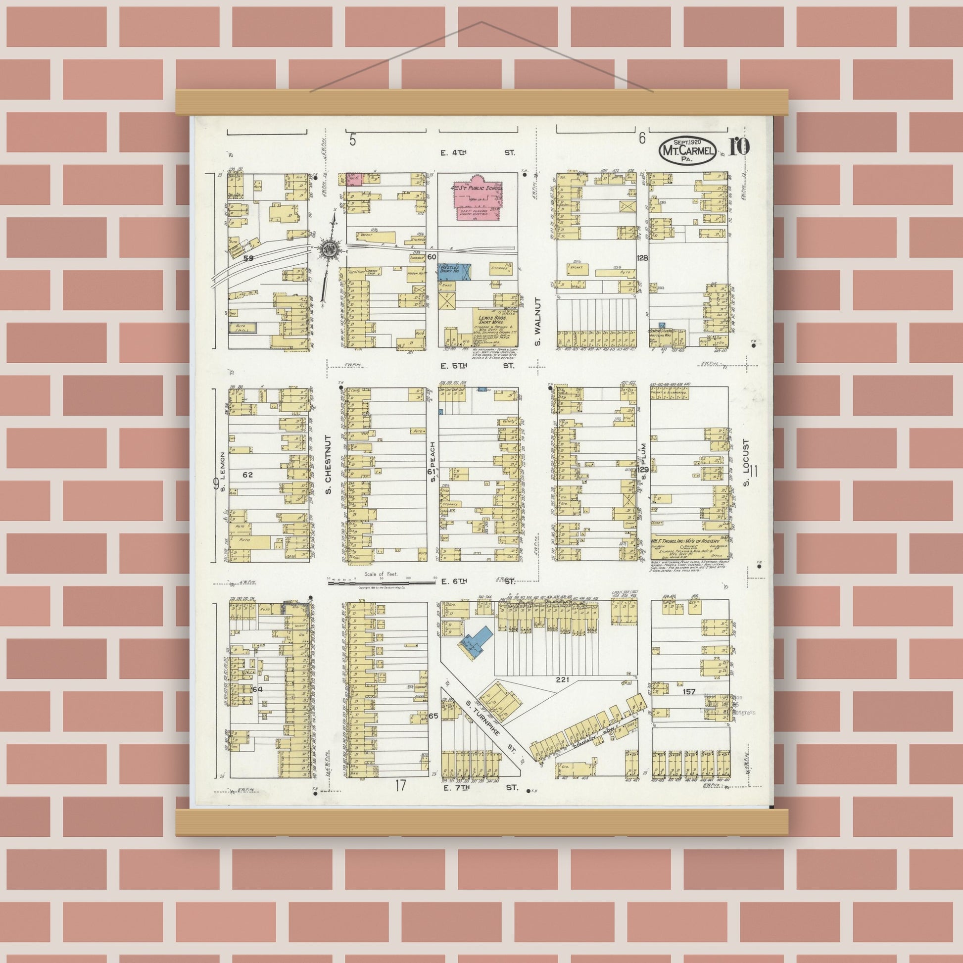Old map wall art mockup — magnetic wood frame on brick wall — Sanborn Fire Insurance Map from Mount Carmel, Northumberland County, Pennsylvania (1920), Sheet #0010
