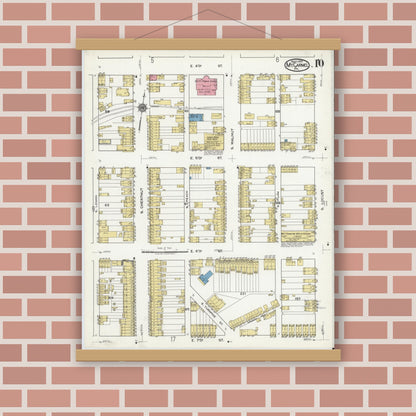 Old map wall art mockup — magnetic wood frame on brick wall — Sanborn Fire Insurance Map from Mount Carmel, Northumberland County, Pennsylvania (1920), Sheet #0010