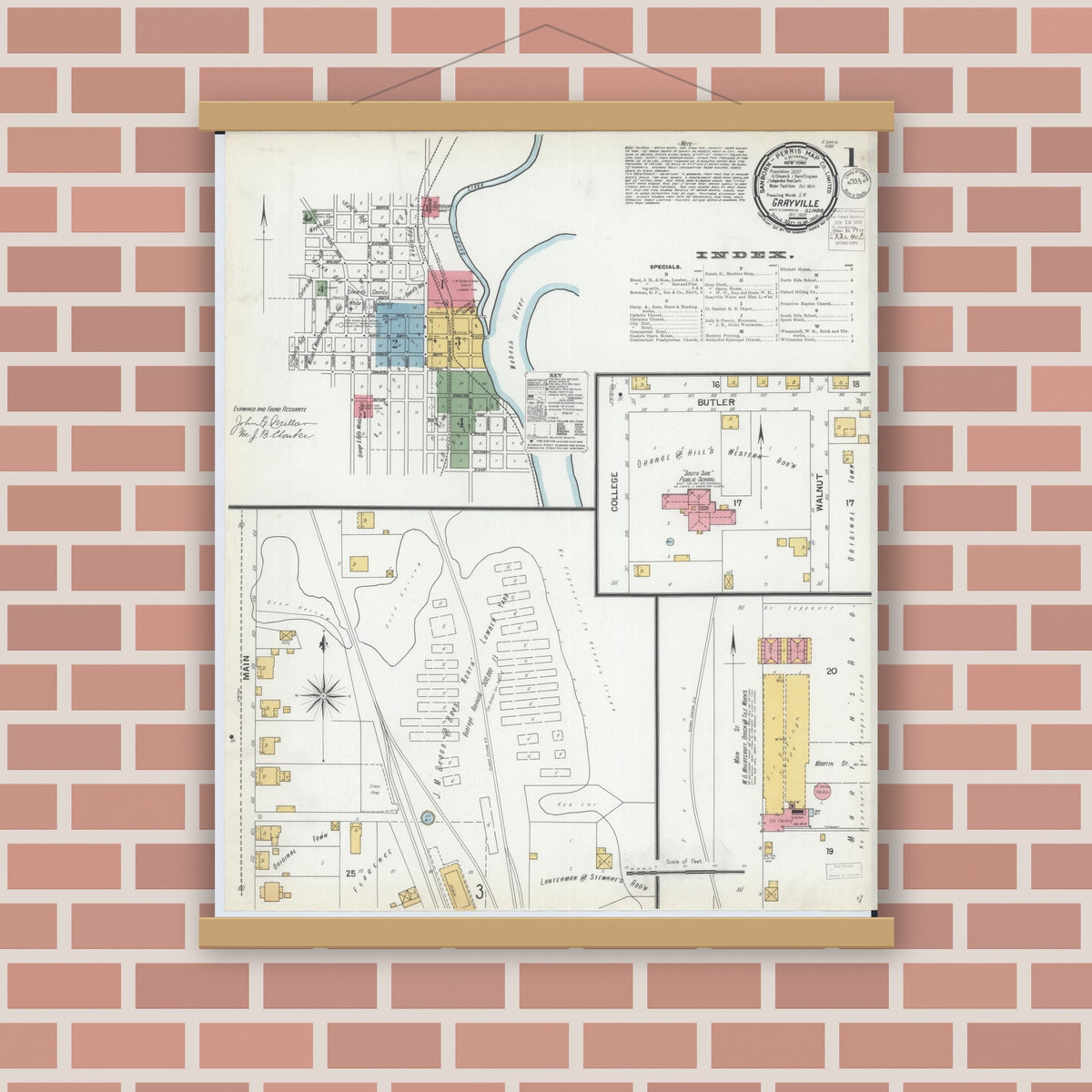 Old map wall art mockup — magnetic wood frame on brick wall — Sanborn Fire Insurance Map from Grayville, White And Edwards Counties, Illinois (1900), Sheet #0001