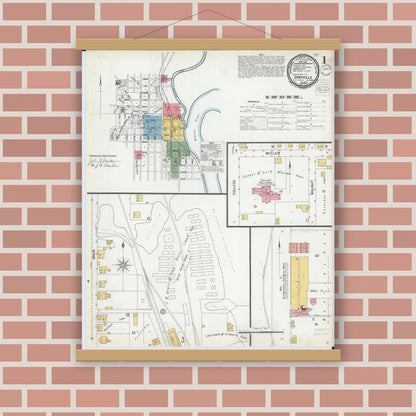 Old map wall art mockup — magnetic wood frame on brick wall — Sanborn Fire Insurance Map from Grayville, White And Edwards Counties, Illinois (1900), Sheet #0001