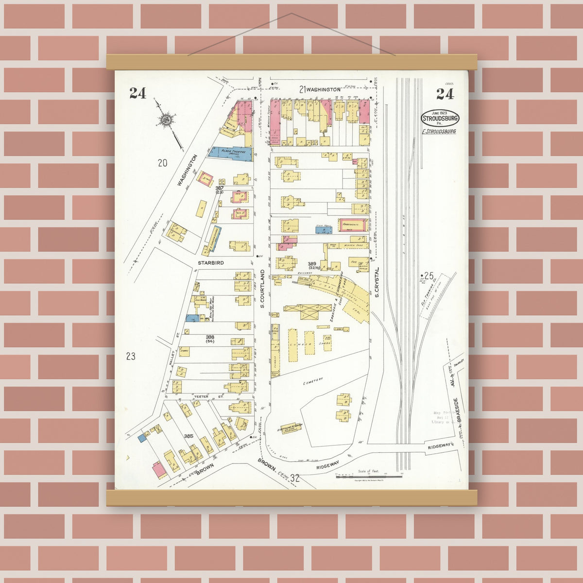 Old map wall art mockup — magnetic wood frame on brick wall — Sanborn Fire Insurance Map from Stroudsburg, Monroe County, Pennsylvania (1923), Sheet #0024